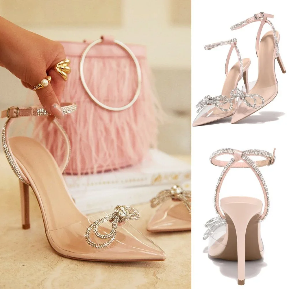 NEW Blush Nude Clear Transparent Rhinestone Bow Ankle Strap Pointy Toe Pump Heel - Picture 9 of 12